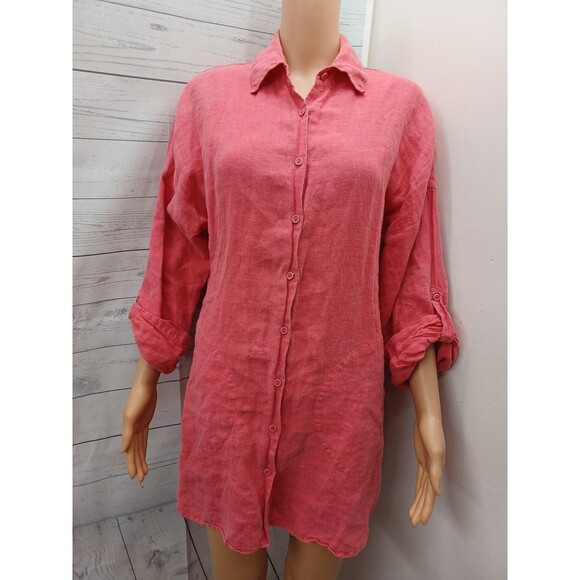 Chicos 100% Linen Button Up Top Tunic Sz 0 (Small) Red Roll Tab Sleeves - Picture 1 of 7